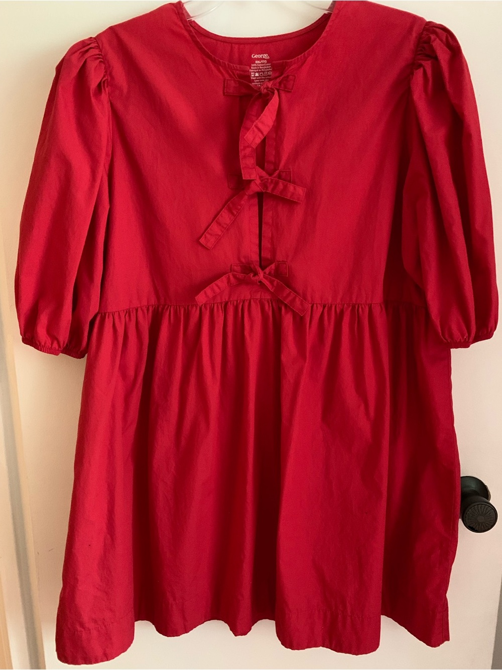 Women's Red Babydoll mini dress Bow-Accent Cotton Dress